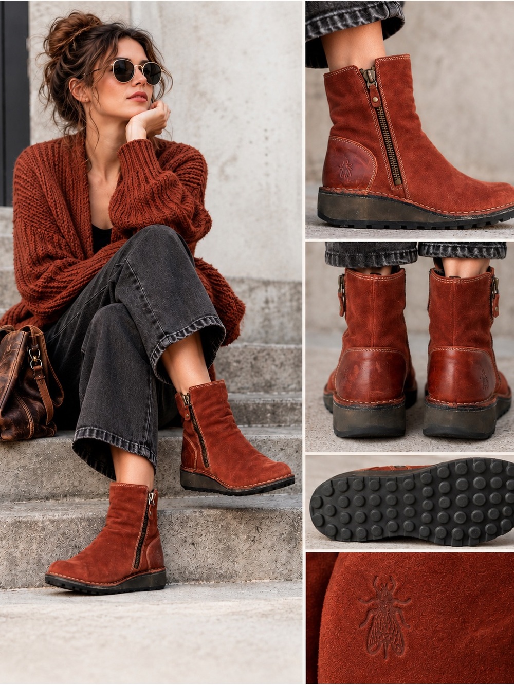 Fly London Rust Suede Leather Side Zip Ankle Boots EU 37 Wedge Lug Sole